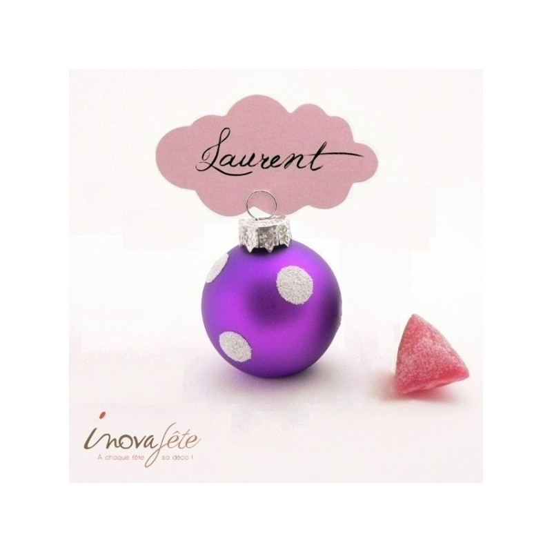 Boule de noël porte carte violette, à pois argent pailleté /6 Boule de noël porte carte violette, à pois argent pailleté /6