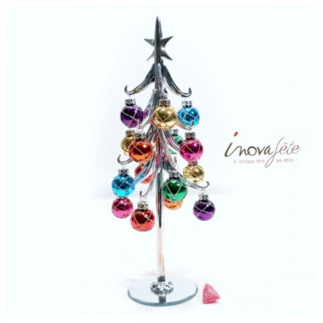 Sapin de table argent 16 boules multicolores