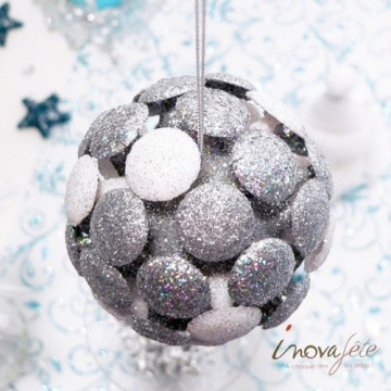 Boule de Noël pailletée blanche et argent - Label Fête