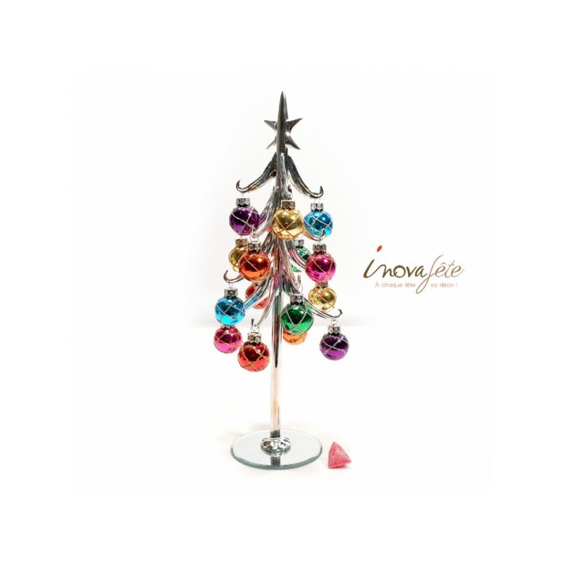 Sapin de table argent 12 boules multicolores Sapin de table argent 12 boules multicolores