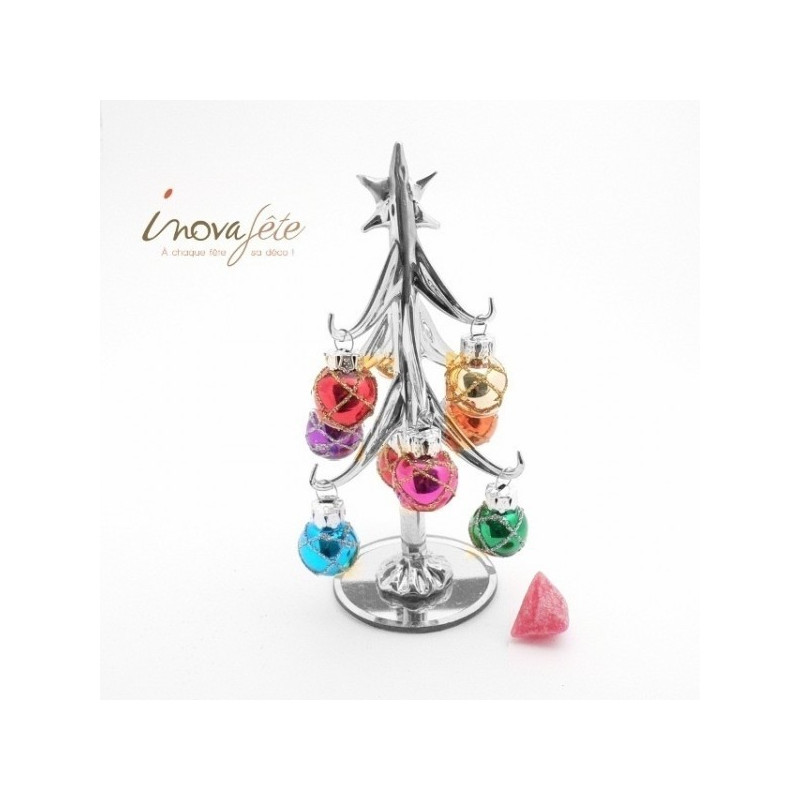 Sapin de table argent 9 boules multicolores