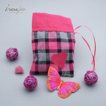 Petit sac écossais fuchsia/gris, motif coeur