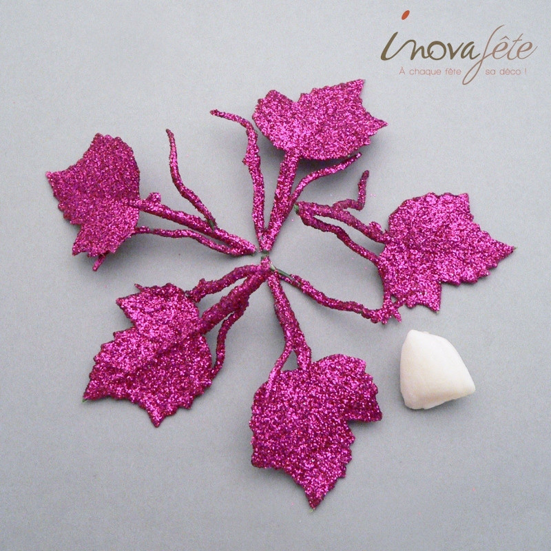 Feuille fuchsia pailleté avec tige /24 - Label Fête Feuille fuchsia pailleté avec tige /24 - Label Fête