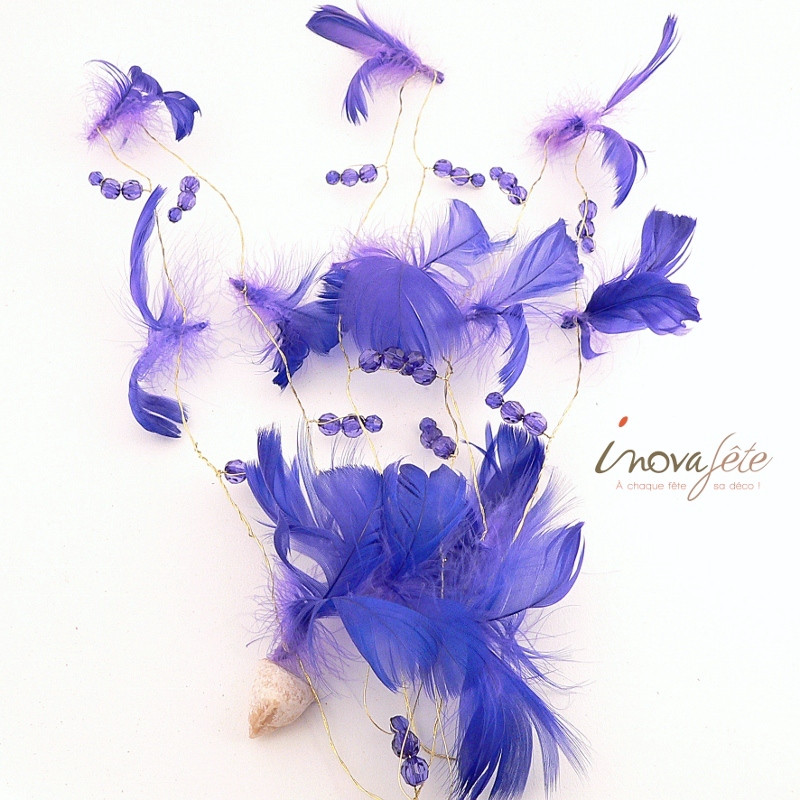 Guirlande de plumes bleues et perles à facettes