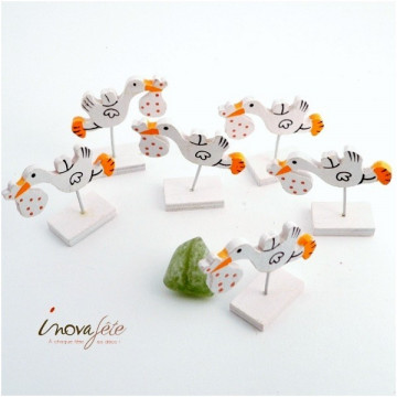 Cigogne en bois, blanc et orange /6