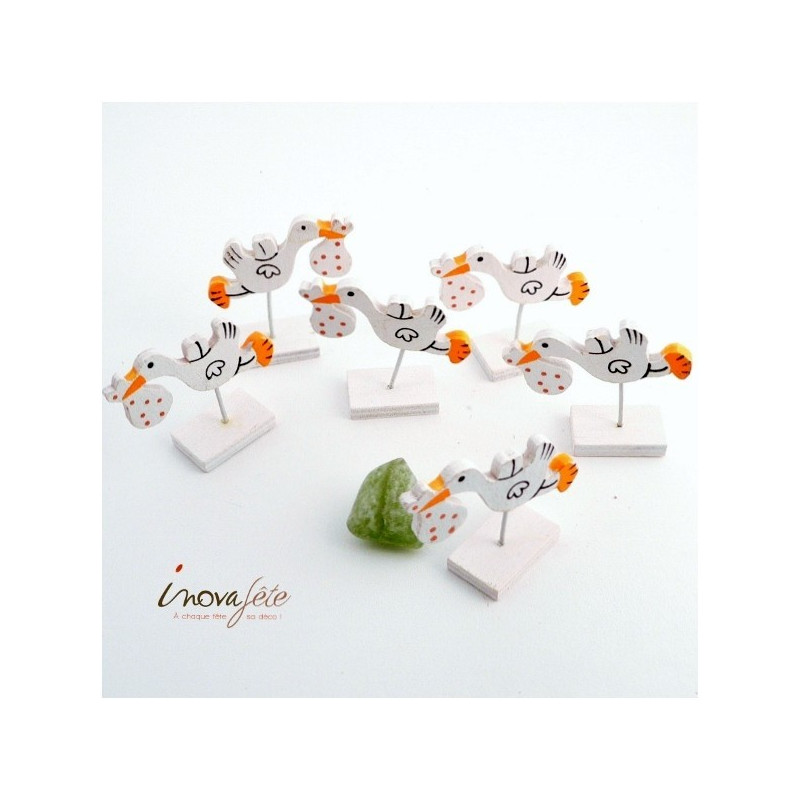 Cigogne en bois, blanc et orange /6, un marque place original Cigogne en bois, blanc et orange /6, un marque place original